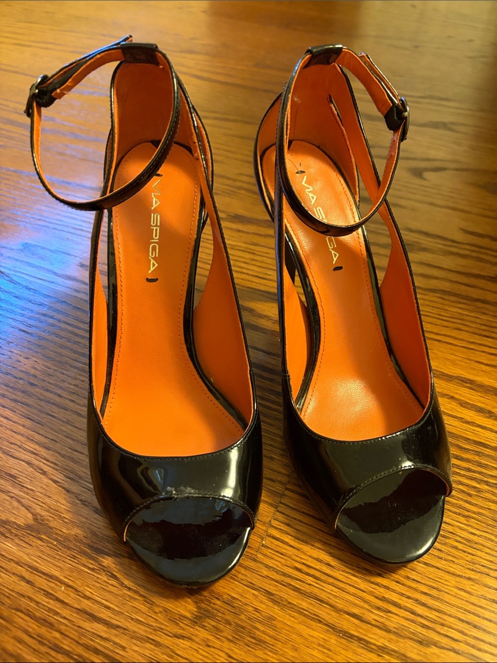 Via Spiga Black Patent Peep-Toe Ankle-Strap Heels with Orange Insole